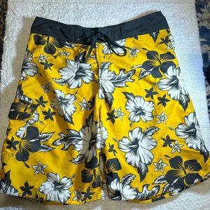 💥Vtg Y2K Floral Men’s Swim Trunks Shorts Swimsuit Bottoms KIRRA Yellow Gray LG